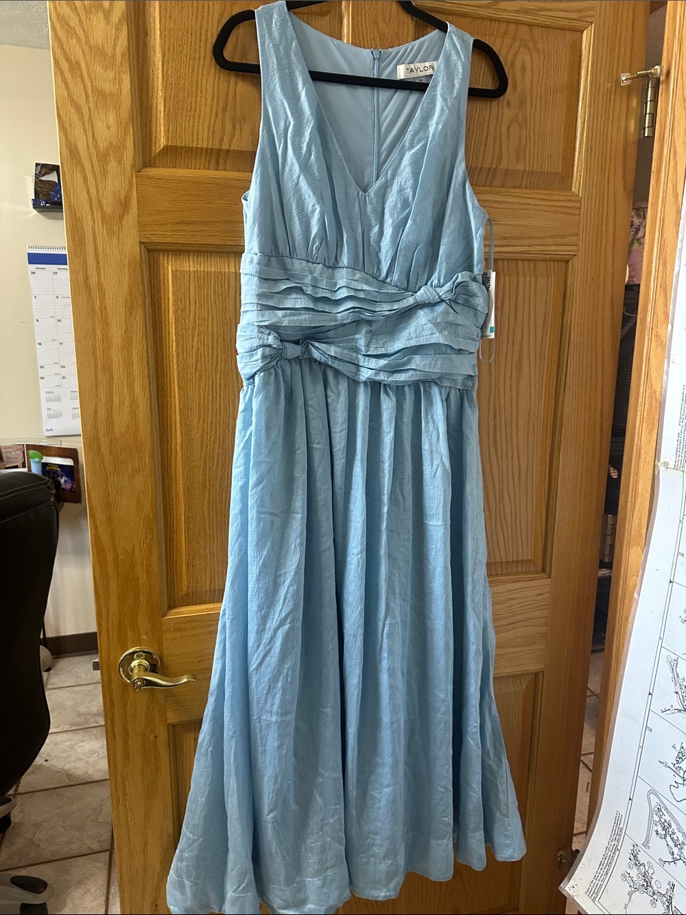 Taylor Sky-Blue V-Neck Knotted-Waist Maxi Dress